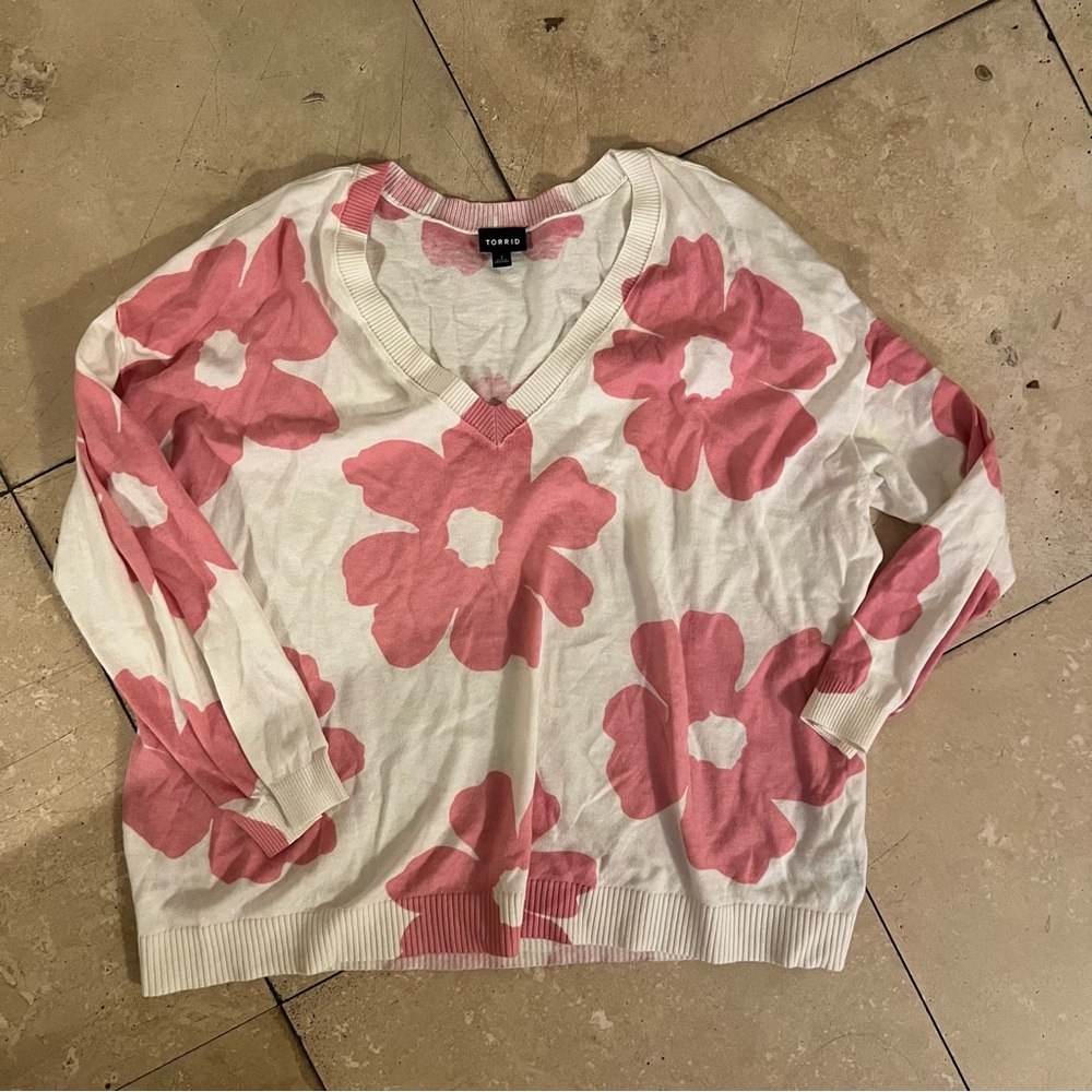 Torrid V-Neck Sweater with Pink Floral Design